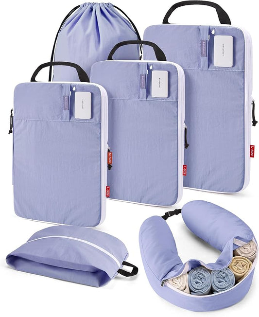 BAGSMART 6 Set Compression Packing Cubes Travel Essentials with Neck Pillow | Premium taslan organizer bags for budget airline carry-ons, luggage, suitcases, closets, cruises by BAGSMART