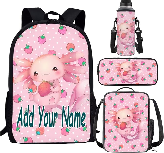 Personalized Axolotl Backpack with Lunch Box Kids Girls Custom Strawberry Bookbag for 1st Grade Elementary School Book Bags Primary Back Pack Lunch Bag Pencil Case Water Bottle Holder Set by SCRAWLGODDreamWardrobe
