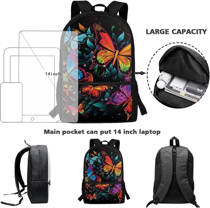 Retro Gradient Dragonfly Print Backpack Set 17 Inch Bookbag Lunch Box Pencil Case Large Capacity Travel Laptop Backpacks Fashion Rucksack Casual Daypack with Ergonomic Straps - Image 3