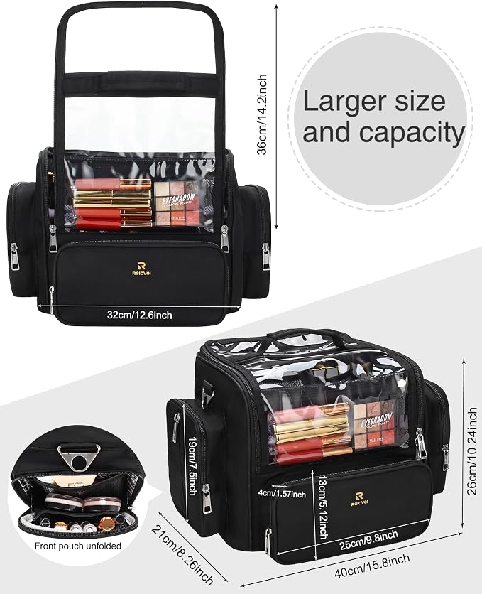 NAONAYA Makeup Brush Bag, Clear Makeup Brush Holder for Makeup Artists | Extra Large Capacity Travel Cosmetic Bag , Full Open Black Makeup Brush Case with Adjustable Dividers with Shoulder Strap - Image 3