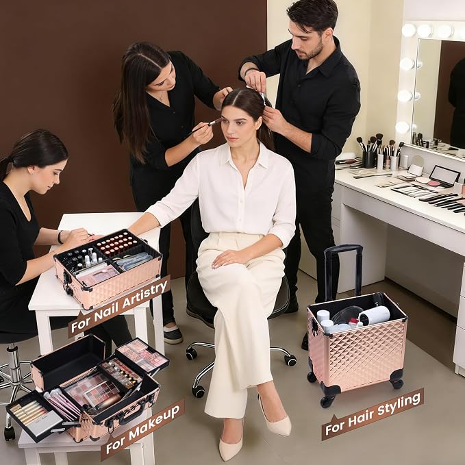 Frenessa Rolling Makeup Train Case 3 in 1 Professional Cosmetic Trolley Large Storage with keys Swivel Wheels Salon Barber Case Traveling Cart Trunk for Make Up Nail Tech - Vintage Rose Gold | Cosmetic Trolley Large Storage with Keys 360° Swivel Salon ... - Image 3