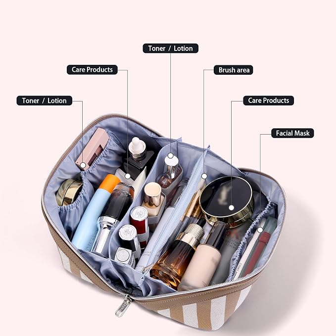 BOYATU Travel Makeup Bag for Women: Large Cosmetic Bag Set of 3 - PU Leather Make up Bag with Compartments - Compact Waterproof Toiletry Bag with Divider & Handle (B-5-Brown) - Image 2