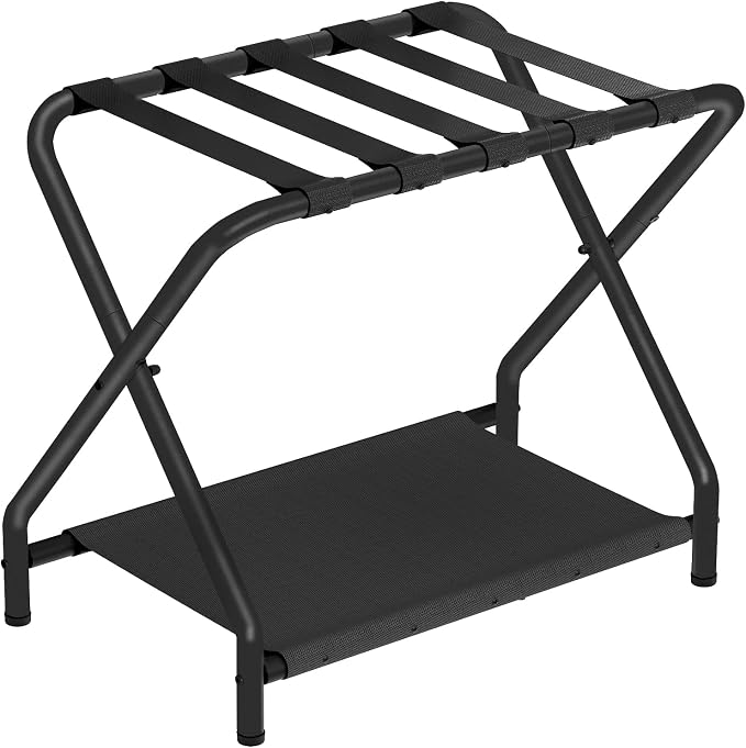 HOOBRO Luggage Rack, Folding Suitcase Stand with Fabric Storage Shelf for Guest Room, Bedroom, Hotel, Holds up to 100 lb, 27 x 15.3 x 22 Inches, Space Saving, Black BK04XL01 by HOOBRO