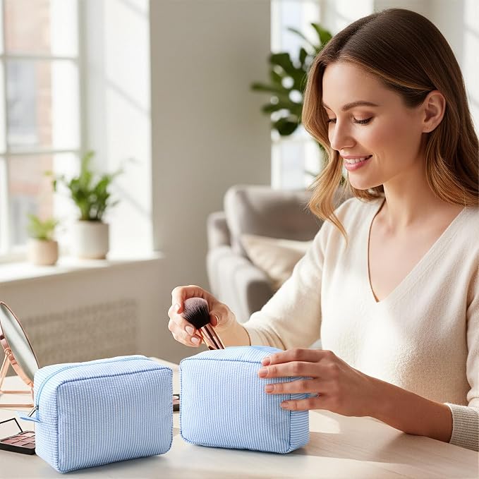 Sanwuta 9 Seersucker Cosmetic Bag Bulk Striped Makeup Bag for Women Aesthetic Cute Travel Toiletry Organizer Preppy Storage Pouch for Wedding Bridesmaid Mother's Day Teacher Gift (Large,Blue) - Image 6