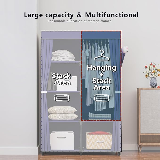 SORCEDAS Portable Closet Wardrobe Organizer Storage with Cover Non-Woben Fabric Portable Wardrobe Closet for Hanging Clothes Racks Shelving 33 Inch for Bedroom, Blue (Blue, 33Inch) - Image 5