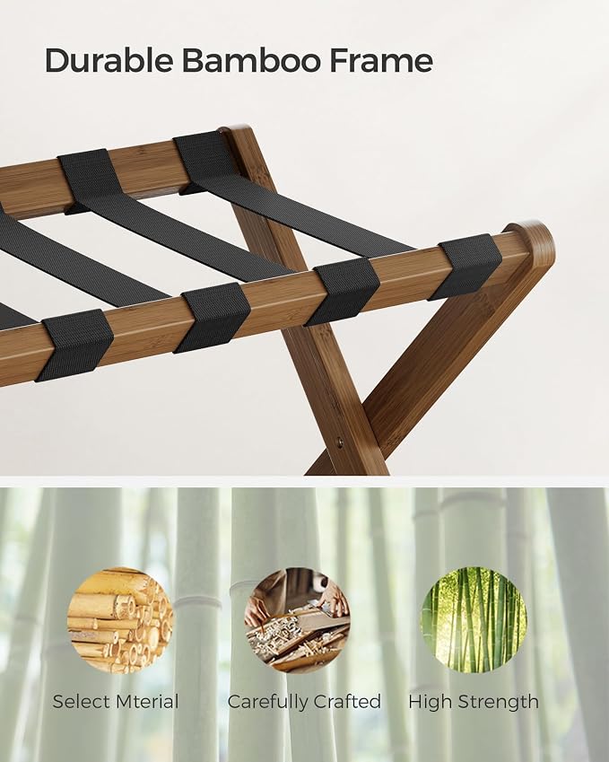 SONGMICS Luggage Rack, Set of 2, Folding Suitcase Stand with Storage Shelf, for Guest Room, Hotel, Bedroom, Heavy-Duty, Holds up to 131 lb, Walnut Brown URLR007D02 - Image 4