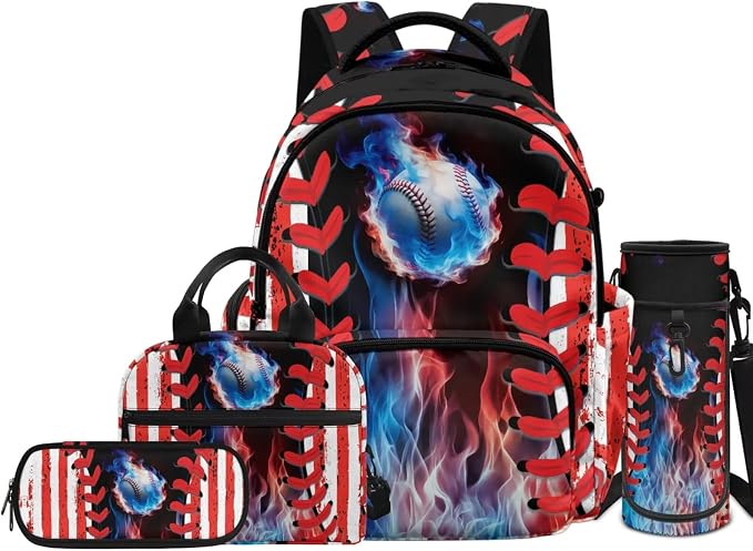 Baseball Backpack 4 Pieces American Flag School Backpack with Lunch Bag Handbag Pencil Case Water Bottle Sling Bag Elementary Middle Rucksack Travel Bookbag - Image 2