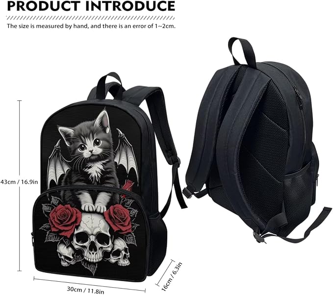 Cat Skull Rose Girls Boys Backpack Set 4 in 1 Gothic Black Kids School Backpacks Lightweight Bookbag Lunch Tote Bag Water Bottle Pen Case Stationery Pouch Bags with Zipper for Girl Boy Teen - Image 2
