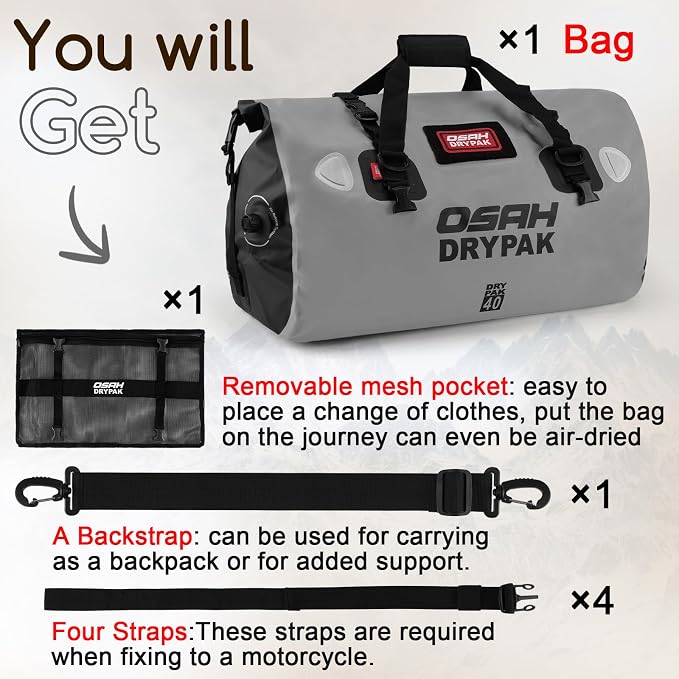 OSAH DRYPAK Waterproof Duffel Bag - Motorcycle Dry Bag Tail Bag with Large Storage Space, Waterproof Luggage Duffle Bags with Outer Mesh Zipper Pocket for Camping, Kayaking, Fishing & Traveling - Image 8