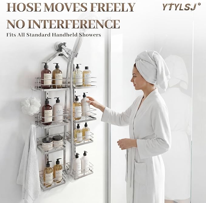 4-Tier Hanging Shower Caddy for Handheld Showerhead, Heavy-Duty Stainless Steel with Dual-Rotating Clamp, Silver - Image 7
