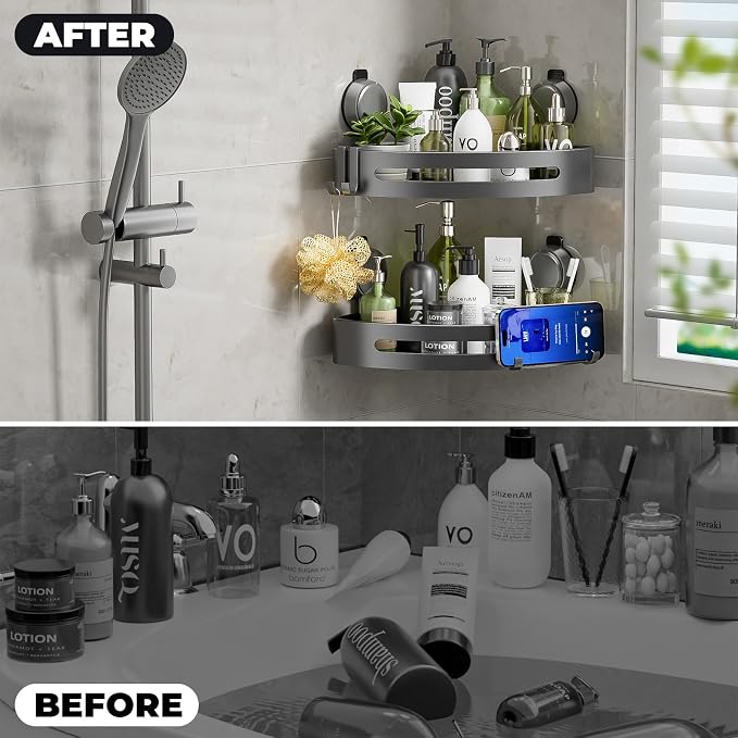 Corner Shower Caddy Suction Cup,Shower Shelves with Hooks,No Drilling Powerful Upgrade Suction Bathroom Corner Organizers and Storage,Removable Waterproof Rustproof Shower Shelf Bathroom Decor - Image 3