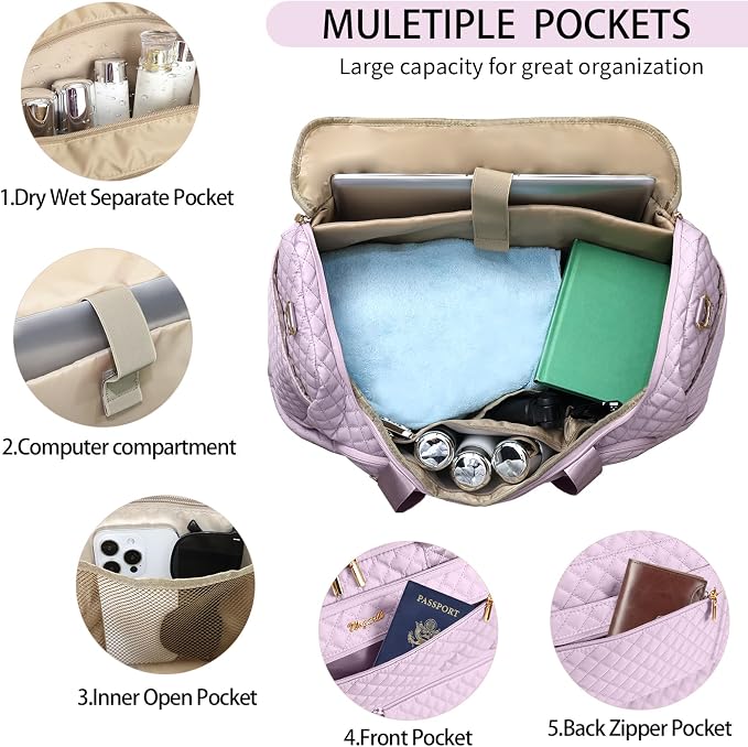 Wogarl 3PCS Weekender Bags for Women Large Overnight Bag Weekend Travel Duffel Bag Carry on Shoulder with Shoe Compartment Canvas Toiletry Bag for Travel Business Gym,Pastel Pink - Image 4