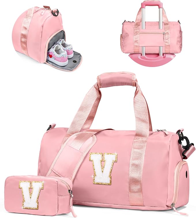 Gift for Teen Girls-Girl Gym Bag with Shoe Compartment, 5yr Old Girl Birthday Gift-Kid Weekender Overnight Bags, Initial Travel Tote with Makeup Pouch, Kids Birthday Gift (Letter V) by Vogewood