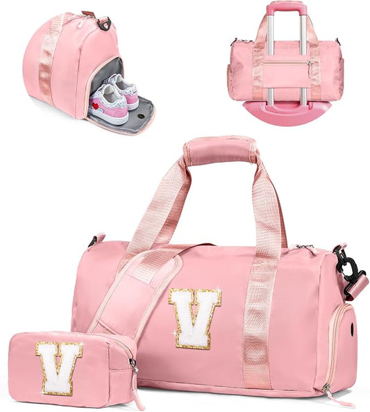 Gift for Teen Girls-Girl Gym Bag with Shoe Compartment, 5yr Old Girl Birthday Gift-Kid Weekender Overnight Bags, Initial Travel Tote with Makeup Pouch, Kids Birthday Gift (Letter V) by Vogewood