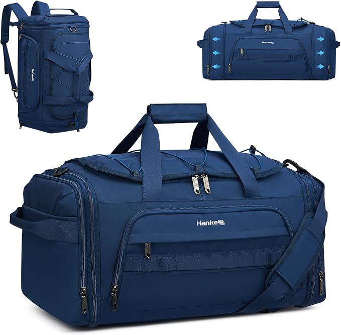 Hanke Duffle Bag for Travel, Dual Expandable 45L-55L Carry On Duffel, 3 In 1 Weekender Tote, Water Resistant Overnight Bag with 15.6" Compartment for Men Women, Blue by Hanke