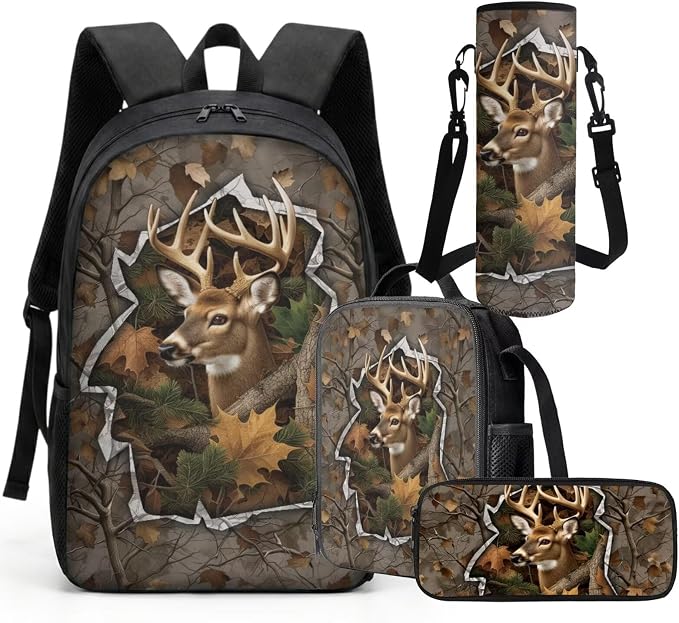 GIFTPUZZ 4 Piece Camo Deer American Flag Backpack Set for Kids | Patriotic Bookbag with Lunch Box for Boys Elementary School, Zip up Pencil Case, Water Bottle Sleeve, Summer Camp, Ages 6-8 - Image 8