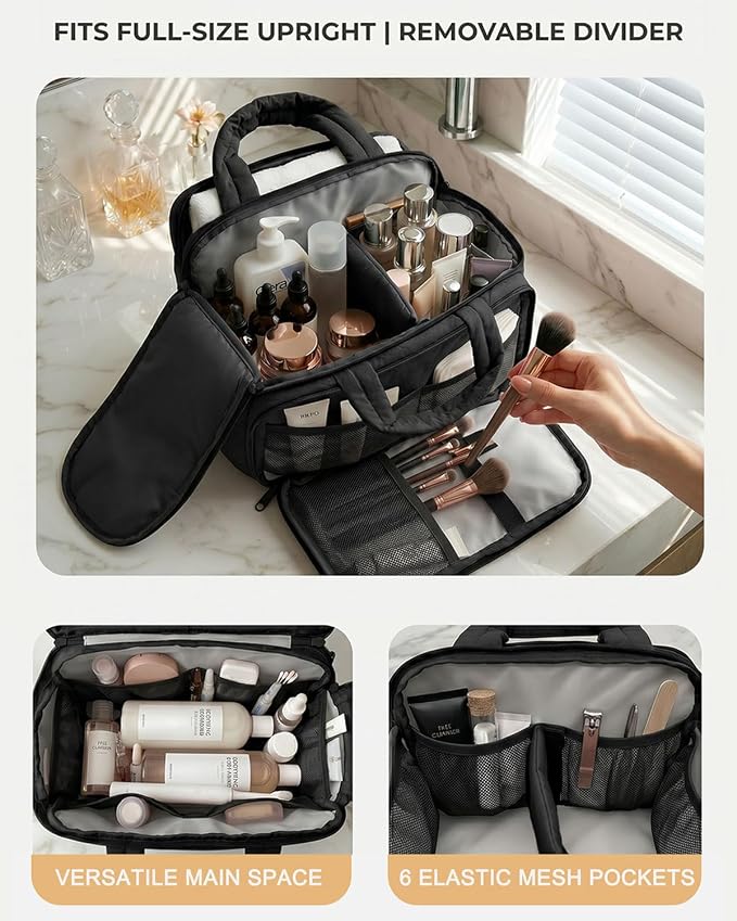 VPBAGE Large Quilted Toiletry Bag for Women, Puffy Travel Makeup Organizer with Removable Divider & Shoulder Strap, Waterproof Standing Cosmetic Case for Full-Size Toiletries, Gym, Vacation - Image 2