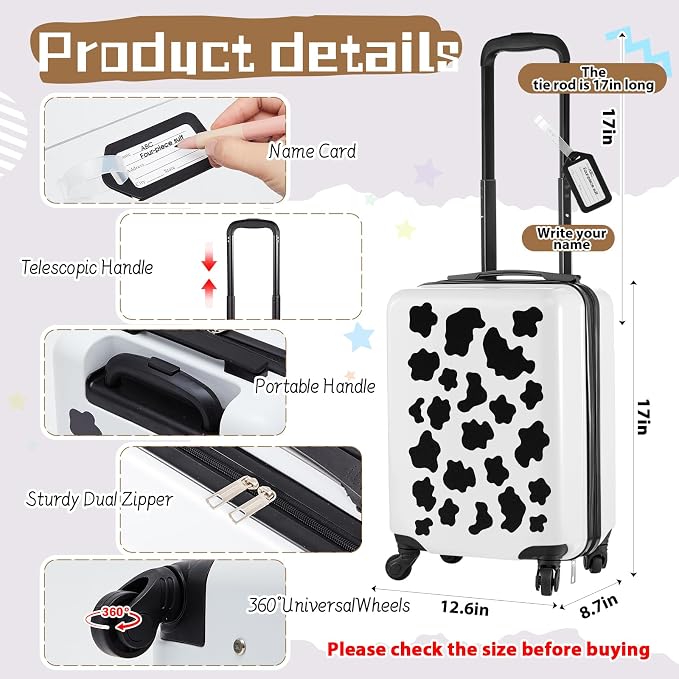 Redbaker 6 Pcs Kids Luggage Set, 17 Inch Rolling Suitcase with Backpack Lunch Bag Neck Pillow, Black and White Cow Travel Set for Summer Vacation Sleepover Back to School Gift - Image 2