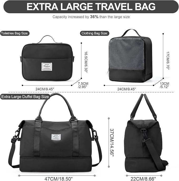 Weekender Bags for Women, Carry-On Overnight Travel Duffel Bag | Travel Bag with Shoes Compartment & Toiletry Bag, Extra Large, 3 Pcs Set - Image 4