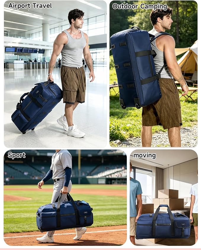Foldable 90L Rolling Duffle Bag with Wheels | Large Travel Duffle Bag with Shoes Compartment Waterproof Bag for Gym, Weekend & Overnight Trips | Includes 3 Packing Cubes - Image 2