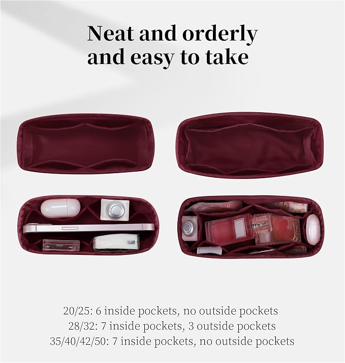 Women's Purse Organizer Insert - Satin & Lightweight Fabric with Inside Pockets, Portable for Commute, Travel, Shopping, and Evening, Multicolor Options, Fits for Kelly 32(Rouge H, KL32 Retourné) - Image 3