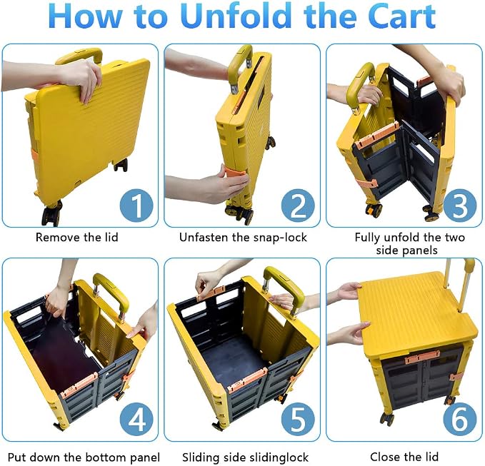 FELICON SELORSS Foldable Utility Cart Folding Portable Rolling Crate-Yellow | Durable,Heavy Duty,Plastic Box,Telescoping Handle,4 Rotate Wheels,Collapsible Handcart for Travel Shop Move Luggage Office - Image 4