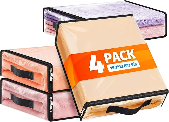 SpaceWhisper 4 Pack Clear Storage Bags, Plastic Blanket Storage Bags with Zipper and Handle, Moving Bags for Comforter, Bedding & Clothes, Closet Organizer and Under Bed Storage (15.7x13.8x3.9 Inch) by Unknown