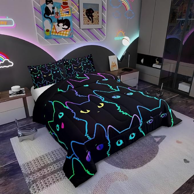 Erosebridal Cute Cat Kids Comforter Neon Rainbow Line Cat King Bedding Set for Boys Girls Teen Cartoon Kawaii Cats Toddler Bed Set Colorful Animals Quilt Set Reversible Black,2 Pillow Cases - Image 2