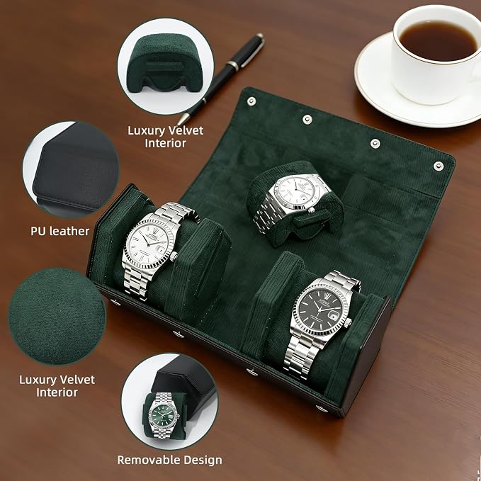 Luxury Hexagonal Leather Travel Watch Roll for 3 Watches, Black Green | Multiple Watch Capacity,Premium Hexagon Leather,Velvet M-Shaped Cushions,Secure Snap Closure,Storage Organizer - Image 5
