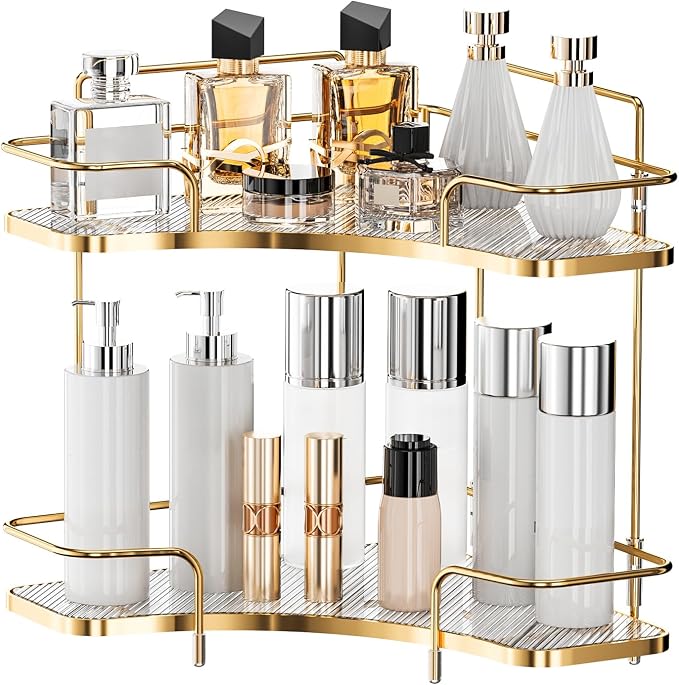 Seoneiro 2 Tier Corner Bathroom Counter Organizer, Cosmetic Skincare Organizer, Bathroom Countertop Perfume Tray Vanity Organizer, Kitchen Spice Corner Storage Shelf by Seoneiro