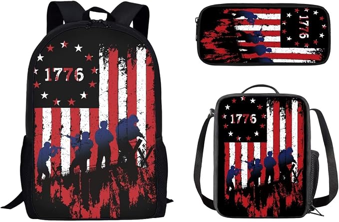 Mumeson 1776 Flag Backpack Kids School Backpack 3 Pack Set Back to School Backpack Set School Supplies Daypack with Lunch Bag Zipper Closure Pencil Case by Mumeson