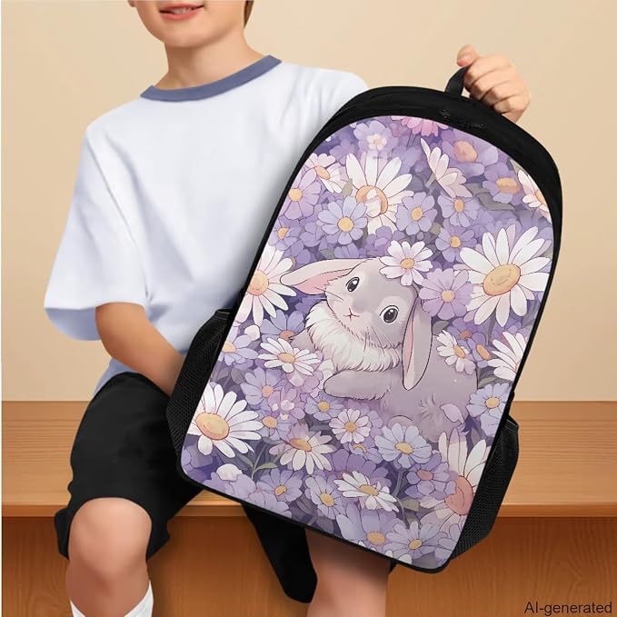 Daisy Bunny Backpack for Girls Kids Backpack with Lunch Box Water Bottle Holder with Strap and Pencil Case 4PCS Set Bookbag with Compartments for School Teens 17 inch Lightweight School Bag - Image 3