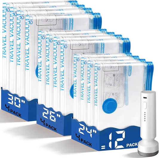 12 Pack Vacuum Storage Bags for Travel with Rechargeable Cordless Pump, Space Saver Bags for Clothes, Compression Packing Bags for Luggage and Suitcase, Blue by lezecur