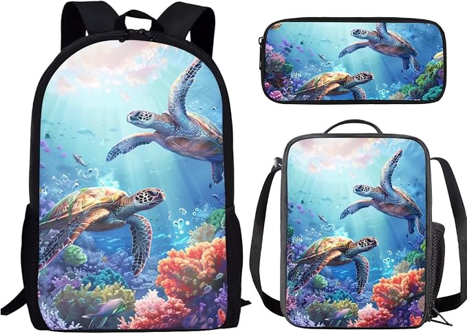 Forchrinse Sea Turtle Backpack for Boys 8-12 Elementary Middle School Bag with Lunch Box 3 in 1 Bookbag Set Kids Back Pack Travel Knapsack Daypack by Forchrinse