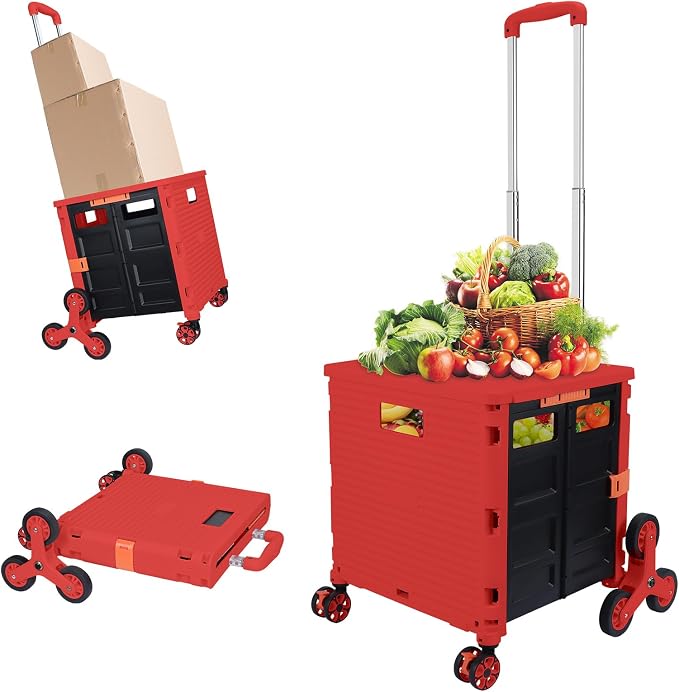FELICON SELORSS Folding Utility Climber Cart Portable Rolling Crate-Red | Stair Climbing Wheels+360°Swivel Wheels,Telescoping Handle,Plastic Box Dolly for Travel Shop Move Laundry Office Teacher Use by FELICON