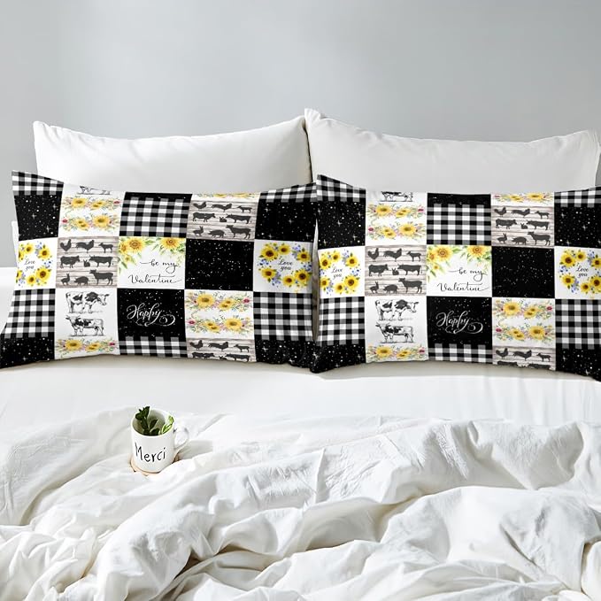Erosebridal Cow Print Bedding Full for, Farm Cow Duvet Cover Sunflower Decor Comforter Cover for Girls Women Boys, Grids Patchwork Pattern Bedding Wild Animal Starry Sky Bedspread - Image 5