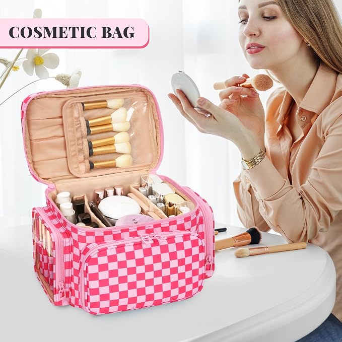 Bagmoly Large Checkered Makeup Bag, Travel Makeup Bag Organizer for Women Girls with Makeup Brush Compartment & Two Side Pockets, Cosmetic Travel Bag Vertical Storage Toiletry Bag- Hotpink - Image 7