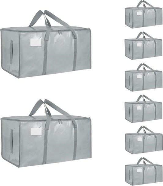8 Pack-Extra Large Heavy Duty Moving Bags - Waterproof Storage Totes with Handles & Zippers, Foldable for College Dorm, Storage (light gray) by Unknown
