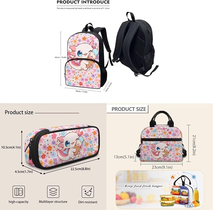 Axolotl Ice Cream Girls Backpack Set, Kids Backpacks with Lunch Bag & Pencil Case, Girls Bookbag School Bag for Elementary School - Image 5