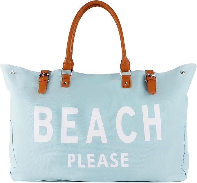 Lamyba Beach Bag with Vegan Leather Handle, Extra Large Beach Bag for Women Waterproof Sandproof, White | with Vegan Leather Handle by Lamyba