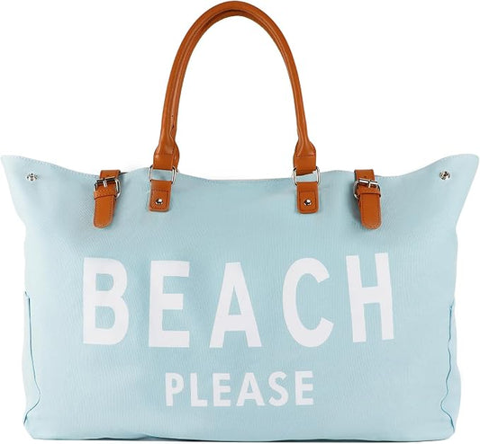 Lamyba Beach Bag with Vegan Leather Handle, Extra Large Beach Bag for Women Waterproof Sandproof, White | with Vegan Leather Handle by Lamyba