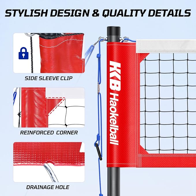Haokelball Outdoor Volleyball Net Set for Backyard, 32FT Regulation, 3-Level Adjustable Height & Anti-Sag Tension System, Heavy Duty Thick Poles, Includes Volleyball, Pump, Boundary Line and Carry Bag - Image 5