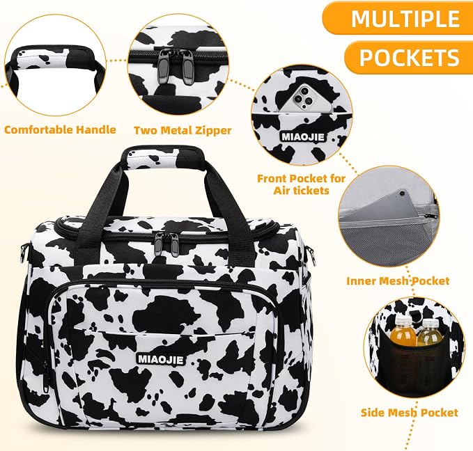 Underseat Carry On Luggage Lightweight Travel Tote Weekender Bag Overnight Duffle Bag for Travel, Travel Essentials Personal Item Travel Bag for Women and Men, Cow Pattern-16Inch - Image 4