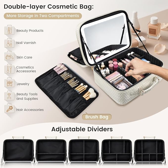Faquenc Makeup Bag with LED Lighted Mirror 12.2 IN Cosmetic Train Case Double Layer Makeup Case Adjustable Brightness in 3 Colors Cosmetic Organizer Artist Storage with Brush Holder Vanity Beige - Image 6