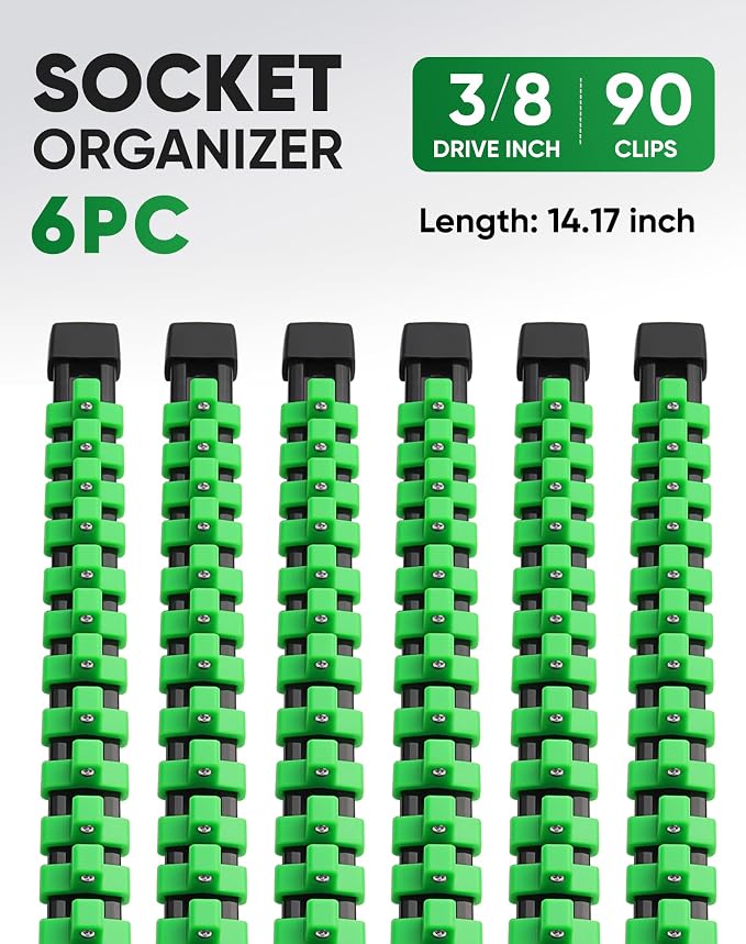 ALOANES 6PC ABS Socket Organizer, Socket Rails Fit 3/8 inch Drive | Portable Heavy Duty Socket Holders Hold up 90 Sockets for Mechanics Toolbox Drawer Bags(Green) - Image 2