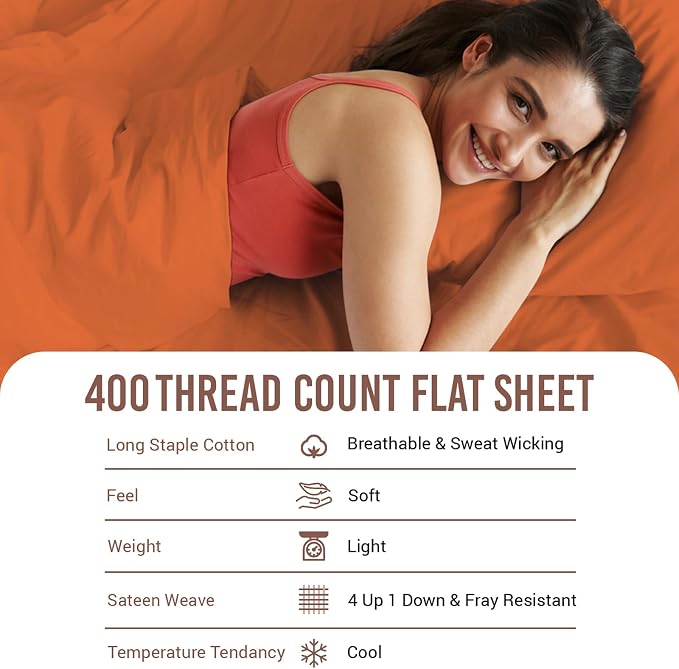 Pizuna Pure 100% Cotton Flat Sheets Only King Burnt Orange (1 PC), Luxurious 400 Thread Count Long Staple Cotton Sateen with 4" Hem (Combed King Flat Sheet Only Cotton) - Image 4