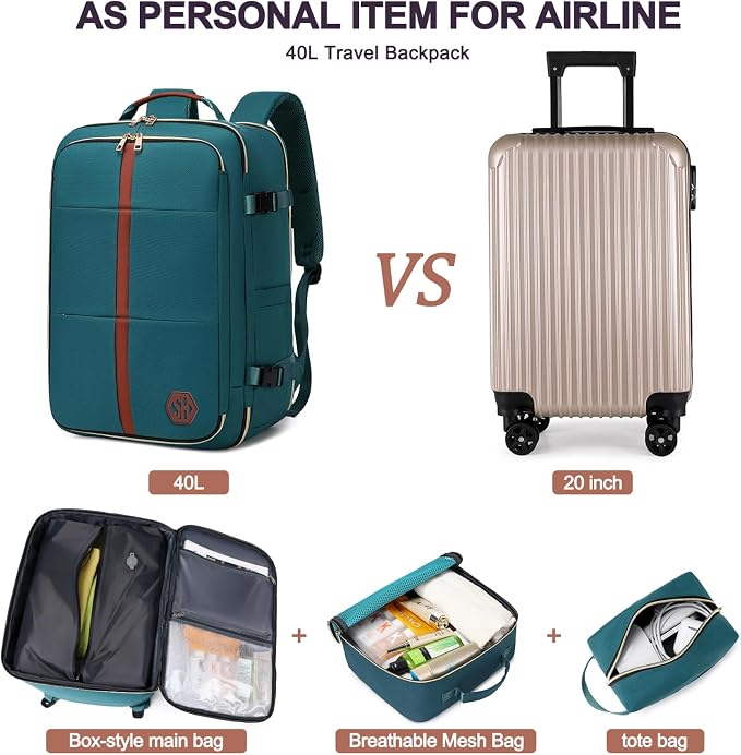 40L Travel Laptop Backpack for Women & Men, Airline Approved Carry On Luggage Overnight Bags, Waterproof Personal Item Bag, Weekender Essentials Backpacks Vacuum Backpack Dark Green - Image 7