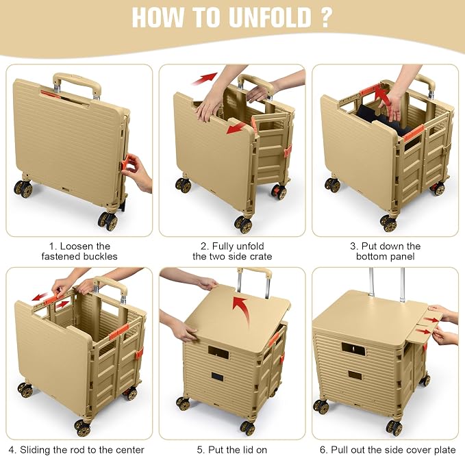 FELICON SELORSS Folding Utility Cart Portable Rolling Crate Handcart-Khaki | Magnetic Sliding Lid,Telescoping Handle,Plastic Box Dolly,360°Swivel Wheels for Travel Shop Move Laundry Office Teacher Use - Image 5
