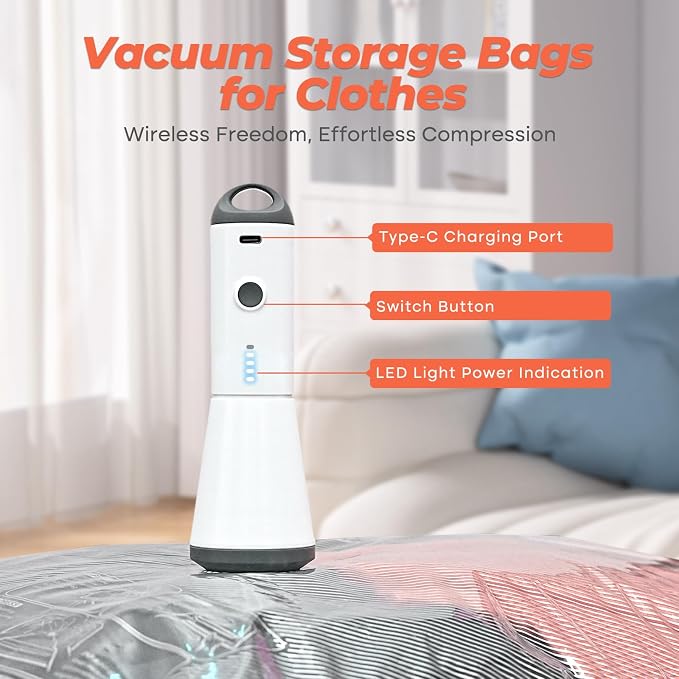 Vacbird Vacuum Seal Bags for Clothing with Rechargeable Cordless Pump, 12 Pack Compression Packing Bags, Space Saver Storage for Seasonal Clothes Bedding Blanket Pillows Comforters Luggage Travel - Image 3