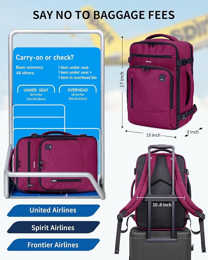 ECOHUB 17" Small Travel Backpack, United Airlines Personal Item Bag 17x10x9 with 16 Pockets, Water Resistant Rucksacks Fit 15.6" Laptop, AirTag Pocket, Lightweight Casual Daypack, 25L, Red - Image 2